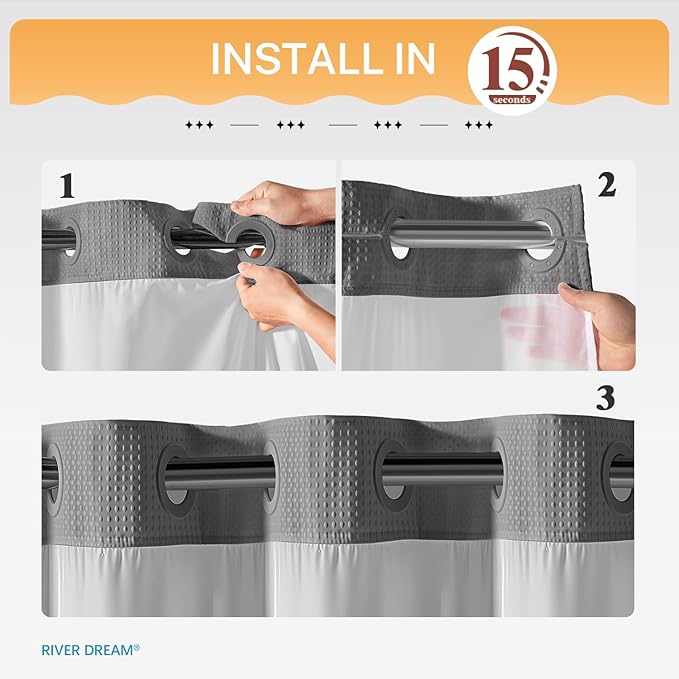 River Dream Heavyweight No Hooks Required Dotted Waffle Weave Shower Curtain with Snap in Liner -Extra Long 71W x 86H,Hotel Grade,Spa Like Bath Curtain,Graphite Grey