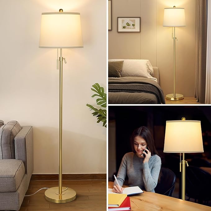 Gold Floor Lamp for Living Room, Tall Standing Lamp 55-65" Adjustable Modern Brass Floor Lamps for Bedroom Reading Office Kids 3 Color Lights Corner Night Stand (9W LED Bulb, White Shade)
