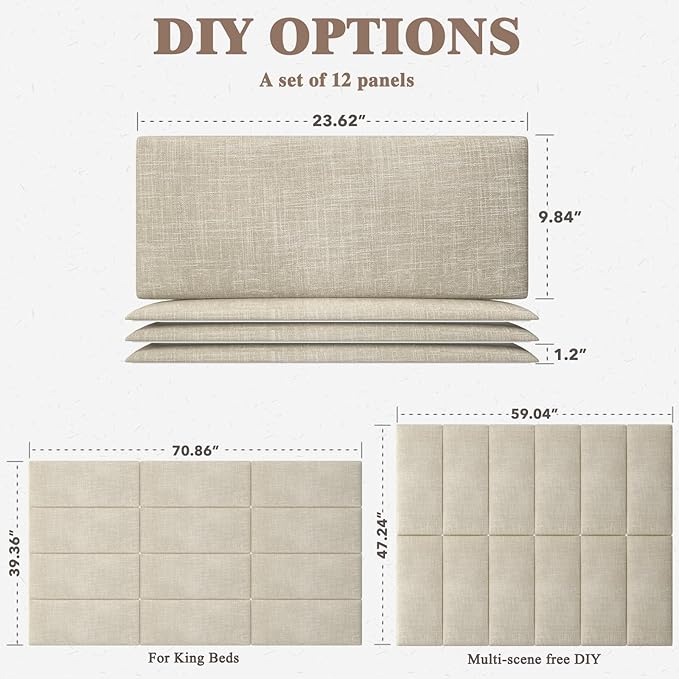 Upholstered Headboard for King Size Bed, Wall Mounted & Peel and Stick Headboard, Soundproof DIY Wall Panels, Fabric Tufted Head board in Modern Design for Bedroom (12 Panels, Each 23.62"x9.84"）