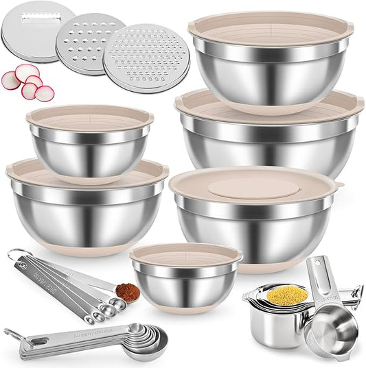 30PCS Mixing Bowls with Lids Set, Stainless Steel Nesting Bowls with Graters, Non-Slip Silicone Bottom, Large Khaki Bowls 7QT to 1QT & 21 Measuring Cups and Spoons Great for Mixing, Baking, Serving