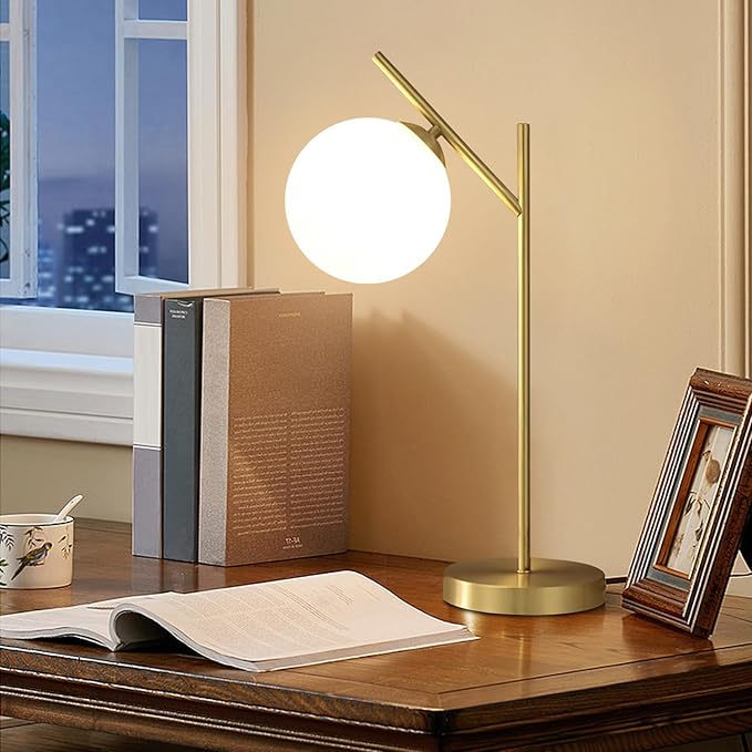 Globe Table Lamp Set of 2, Brass Glass Globe Desk Lamp with Milky White Glass Shade, Contemporary Metal Bedside lamp for Bedroom Living Room Study Room