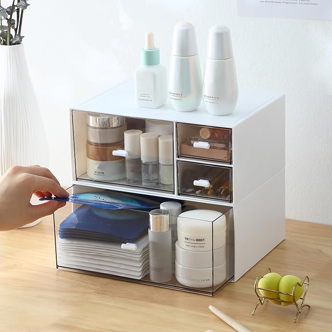 Desk Organizer with 4 Drawers, Makeup Organizer, Plastic Sundries Storage, Vanity Organizer, Cosmetic Storage Organizer, Desk Storage Box, Bathroom Counter or Dresser, White (CD-QBH-01)