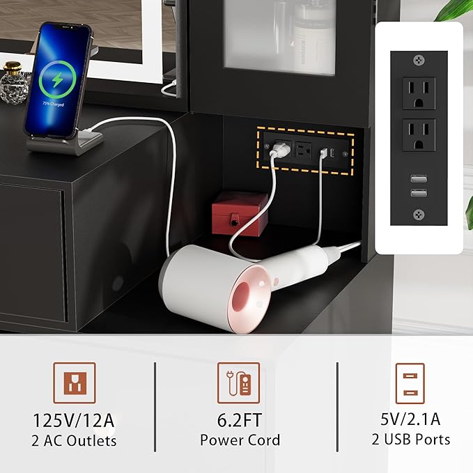 Black Vanity Desk with Mirror and Lights, Makeup Table with Socket Dressing Table Set with Stool, 5 Drawers, Storage Cabinet and Hidden Storage Compartment for Bedroom Dressing Room