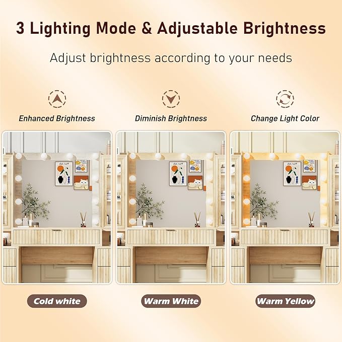 55" Fluted Makeup Vanity Desk with Large Mirror and Lights, Modern Glass Top Big Vanity Table with 9 Drawers & Open Storage Shelves, Dressing Table w/Charging Station for Bedroom, Oak