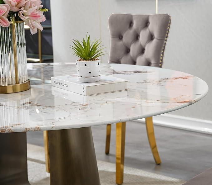 7-Piece Faux Marble Round Dining Table Set for 6, Modern Luxury Kitchen Table Set for 6 with Beige Tufted Chairs,Circle Dining Tables with Pandora Grain Top and Bronze Pedestal Base
