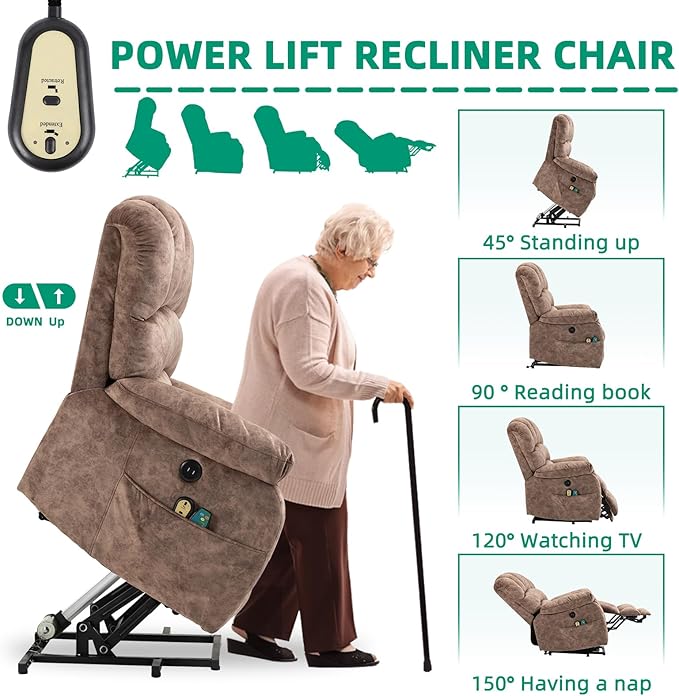 VIVIJASON Large Power Lift Recliner Chair with Heat & Massage for Elderly Big People, Overstuffed Wide Electric Lift Chair with Extended Footrest, 2 Remote Controls, Side Pockets & USB Ports, Brown