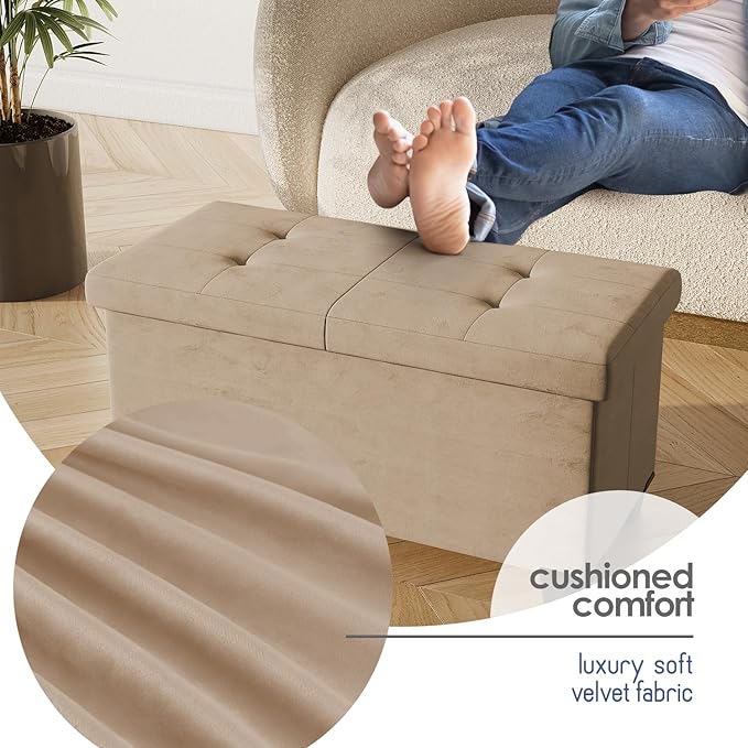 STORAGEBUD Storage Ottoman Bench with Bins, 30-in Storage Bench for Bedroom End of Bed, Folding Foot Rest Ottoman for Living Room Max 660lbs, Velvet Ottomans, Taupe