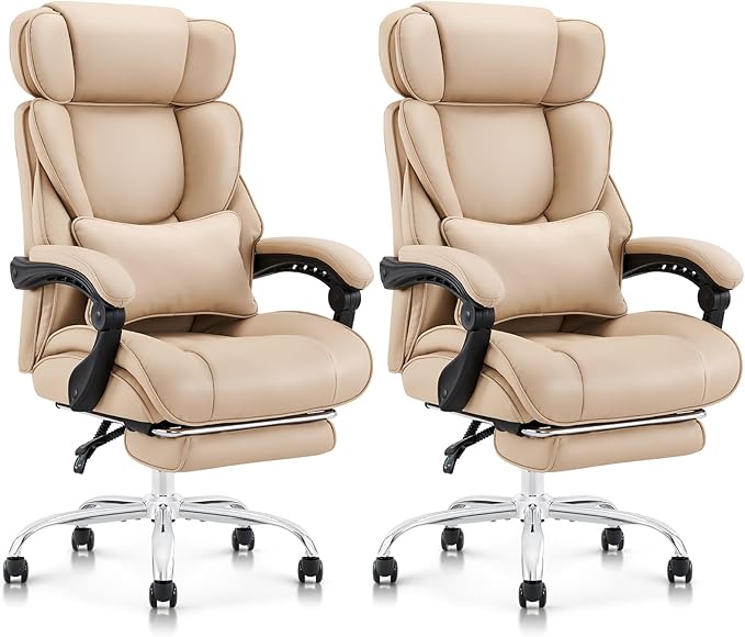 COLAMY Office Chair with Retractable Footrest, Ergonomic High Back Design Executive Computer Desk Chair with Removable Lumbar Pillow, 90-135°Reclining,Thick Bonded Leather for Home Office,2pcs-Khaki
