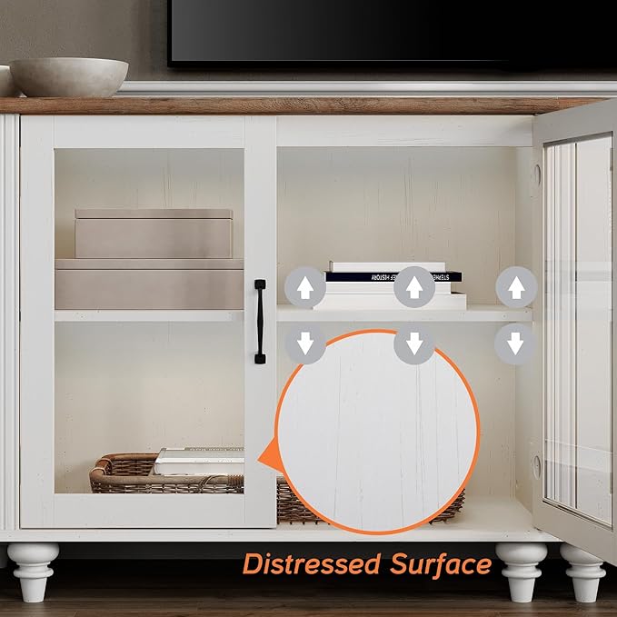 WAMPAT TV Stand for 75 Inch TV, Wood TV Cabinet Entertainment Center Television Stands for Living Room, 2-in-1 Kitchen Buffet Cabinet with Glass Door for Dining Room, Off White