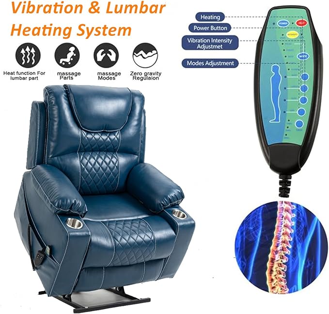 Heavy Duty Power Lift Chairs Recliners with Heater and Massage for Elderly, Big and Tall Recliners 400lbs Suitable for People Up to 6Ft (Blue Leather)