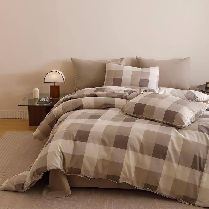 Cottonight Checkered Khaki Comforter Set King Men Gingham Grid Bedding Set Khaki and Cream Coffee Grid Comforter Fluffy Soft Blanket Quilts Modern Cottagecore Comforter for King Bed