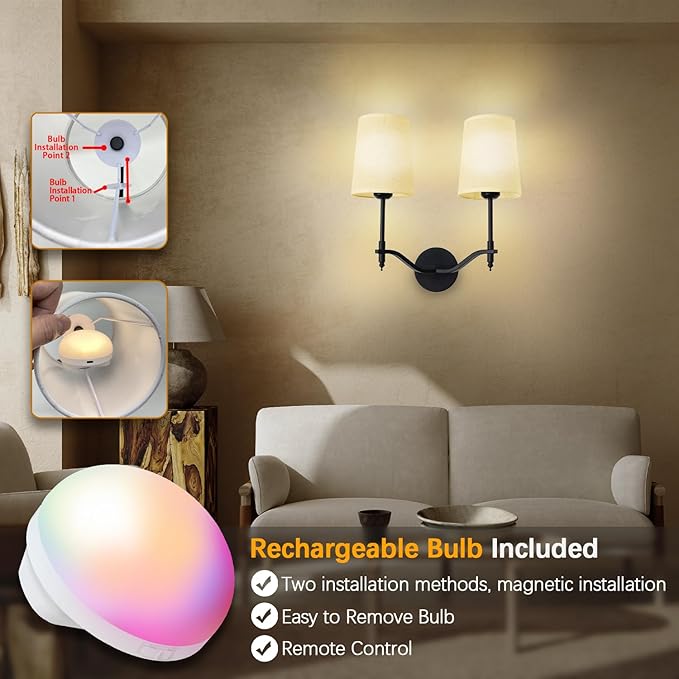 Wall Lights Battery Operated Wall Sconces 2-Light, Black Rechargeable Wall Sconce with 15 RGB Dimmable Detachable Bulbs and Remote, Wireless Battery Powered Wall Lamp for Living Room Bedroom