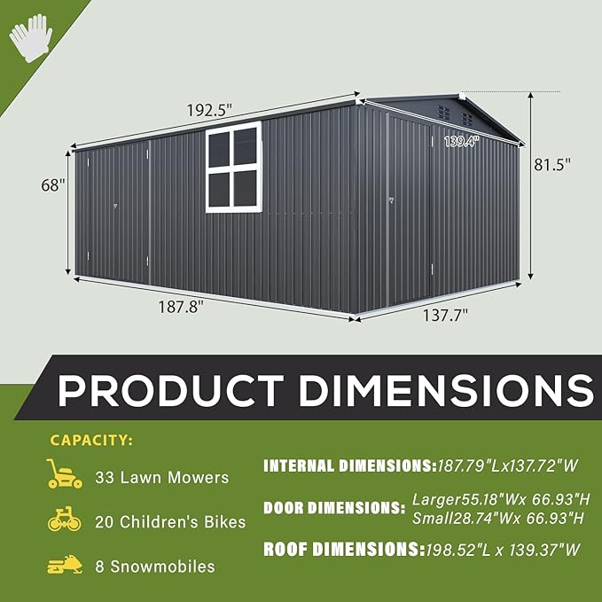 AECOJOY 16' x 12' Outdoor Storage Shed, Large Metal Sheds & Outdoor Storage Clearance 12x16 with Windows, Steel Backyard Shed, Utility Tool Storage for Garden, Patio, Outside use in Dark Grey