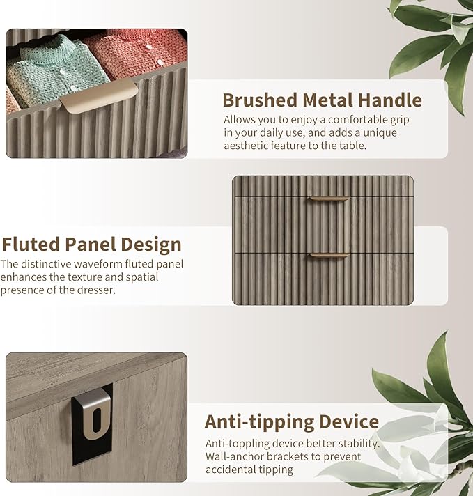 QUW Fluted 6 Drawer Dresser for Bedroom, Modern Tall Chest of Drawers with Metal Handle, Large Wood Storage Chest Organizer Accent Storage Cabinet for Living Room, Hallway, Entryway, Grey