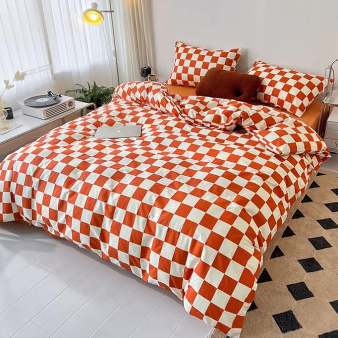 CLOTHKNOW Rust Beige Plaid Queen Comforter Set 3Pcs Grid Bedding Comforter Sets Soft Checker Queen Comforter Burnt Orange Queen Size Comforter Sets