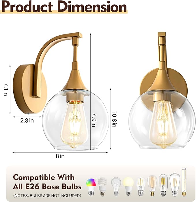 Gold Wall Sconce,1-Light Bathroom Vanity Lights Modern Wall Light Fixture with 4.9 Inches Clear Glass Shade, Wall Lamps for Bedroom Living Room Kitchen Stairway,E26