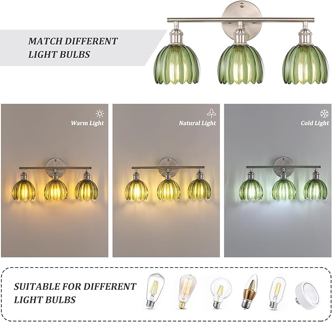 Bathroom Light Fixtures, 3-Light Vanity Wall Light Over Mirror with Green Tulip Glass Shade for Bedroom Living Room, Satin Nickel
