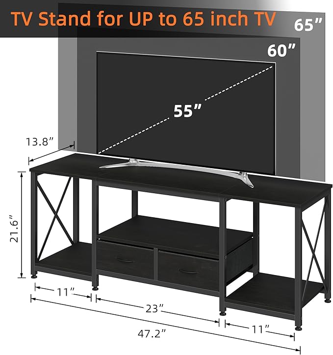 TV Stand with Fabric Drawer for 50 55 Inches TV - Entertainment Center and Industrial TV Console Table with Open Storage Shelves for Living Room, Bedroom - 47" Black