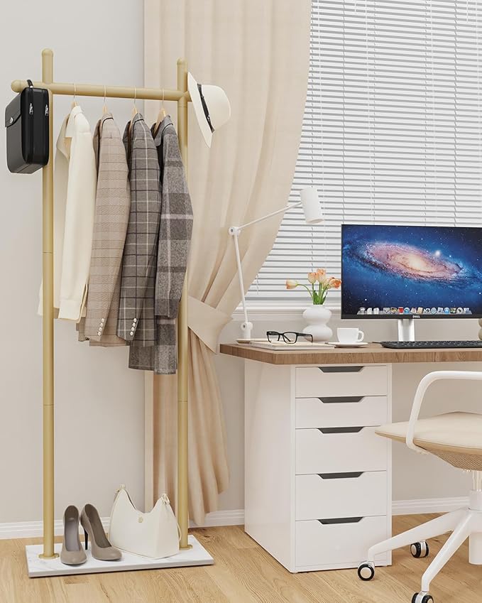 Coat Rack Freestanding with Natural Rock Base, Metal Coat Hanger Stand, Industrial Garment Rack, Clothes Tree for Bedroom Living Room Office To Hang Outerwear, Hats, 68.9in, Gold