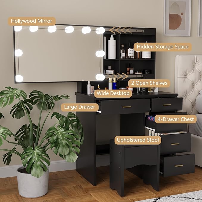 Makeup Vanity Desk with Sliding Mirror and Lights, Vanity Desk with 10 LED Bulbs, 3 Adjustable Light Modes, 5 Drawers & Storage Shelves, Makeup Vanity Set for Bedroom, Black