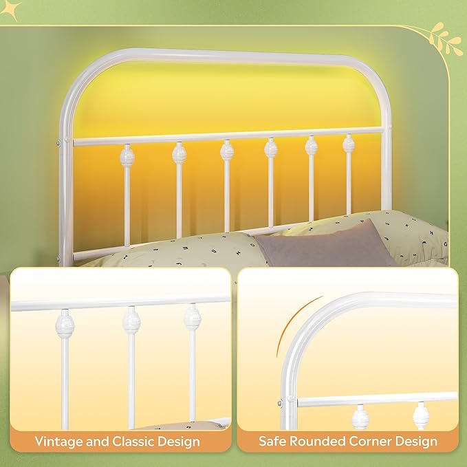 WLIVE Twin Bed Frames with Storage, Twin Bed Frame with LED Lights and Charging Station, Metal Platform Bed Frame with Headboard, White