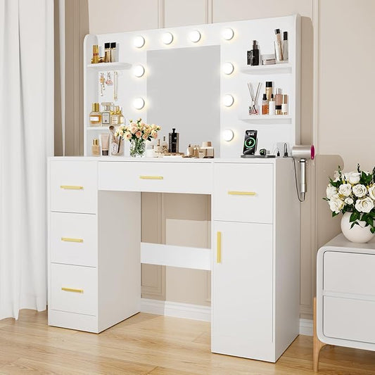 45” Vanity Desk with Mirror and Lights,10 Lights 3 Color Modes,Makeup Vanity Desk with 4 Storage Shelves 5 Drawers 1 Cabinet and Power Outlet,for Bedroom & Dressing Room,White vanitys
