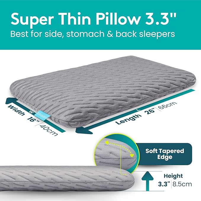 BLISSBURY Stomach Sleeping Pillow - Thin Memory Foam Pillow for Stomach Sleepers | Ultra Thin Pillow for Sleeping | Flat & Slim to Allow for Comfort | 3.3 Inch Thickness