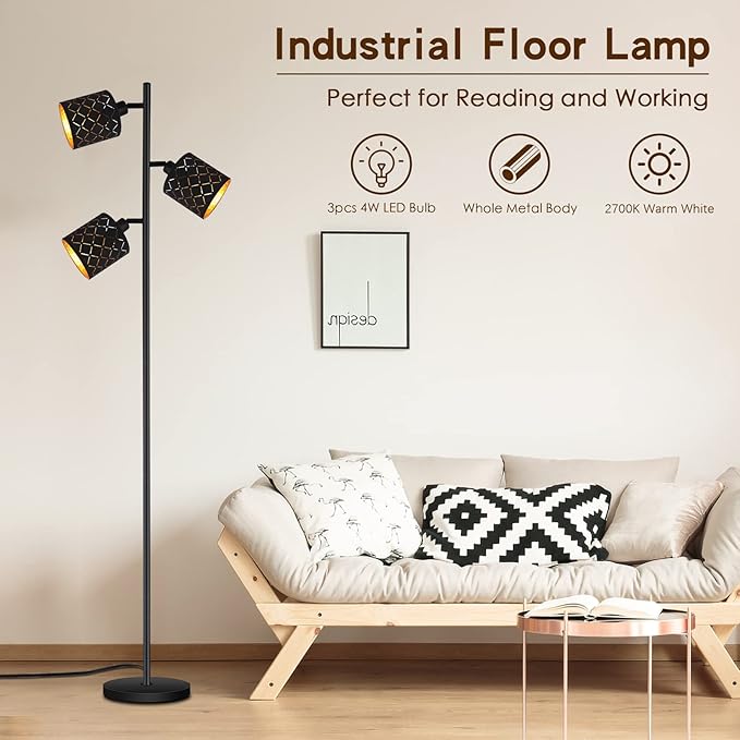 Industrial Floor Lamps for Living Room, Tree Standing Lamp for Bedroom with Adjustable 3-Light, 4W E12 LED Bulb, Modern Stand Up Lamps, Metal Tall Rustic Pole Lamp, Vintage Farmhouse Floor Lamp
