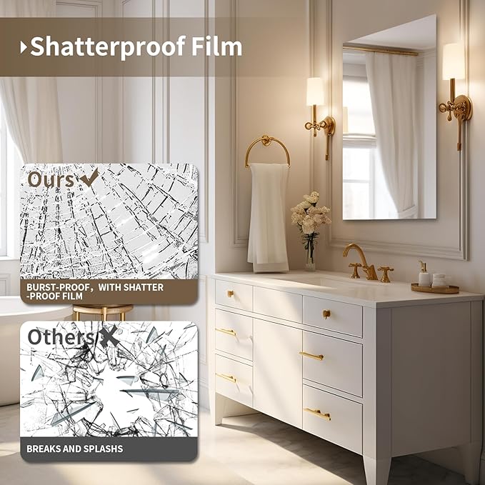 Mirrorons Bathroom Vanity Mirror 18" x 24", Frameless Mirror with Polished Edge, Hangs Horizontally or Vertically. Upgraded Shatterproof Bathroom Mirror for Wall.