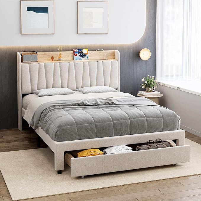 GarveeHome Upholstered Bed Frame with Storage Headboard and Charging Station, Platform Bed Frame with Drawers, Heavy Duty, No Box Spring Needed, Easy Assembly, Beige, Queen Size