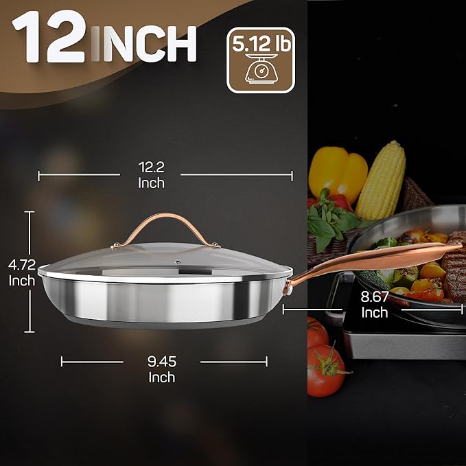 12 Inch Tri-Ply Stainless Steel Frying Pan with Lid, Professional Quality Skillet Suitable for All Stove, Oven and Dishwasher Safe, PFOA PTFE PFOS Free, Fast and Even Heating
