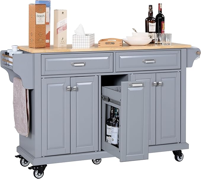 Cambridge Rolling Kitchen Island on Wheels Utility Cart with Spice and Towel Racks and Rubber Wood Countertop, Storage Drawers, Door Cabinets, Gray