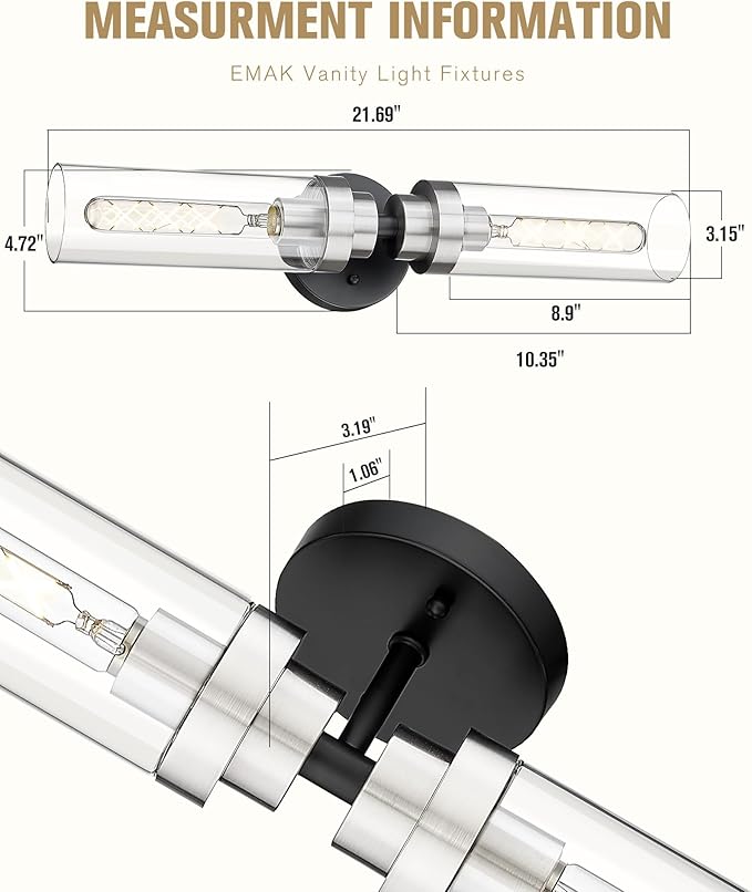 Emak 22 Inch Black and Brushed Nickel Vanity Lights for Mirror, Modern Bathroom Light Fixtures with Clear Glass Shade, 2-Light Wall Sconce Light for Bathroom, Bedroom, Hallway, VL085-BKBN-2