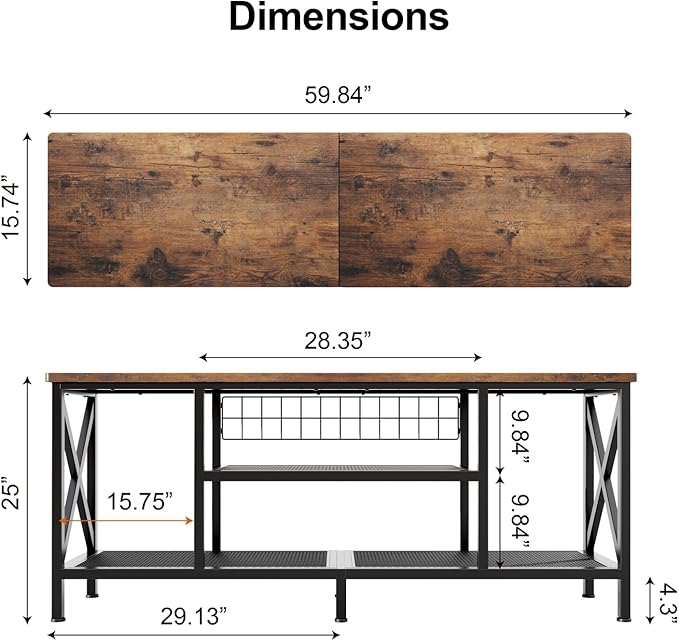 Gizoon 59.8" Industrial TV Stand for 55-65 Inch TVs, Rustic Brown, 3-Tier Media Entertainment Center with Open Shelves, Metal Frame, Sofa Table for Living Room, Bedroom, Office