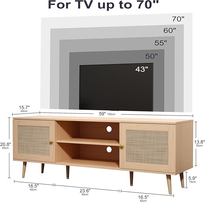 Rattan TV Stand for 55/60/65/70 inch TV, Boho 59" Entertainment Center with Storage, Modern Mid Century Media Console with Rattan Doors and Adjustable Shelf, Wood TV Stand for Living Room, Oak