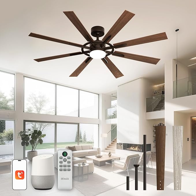 60 Inch Smart Ceiling Fan, Walnut Indoor/Outdoor Ceiling Fans with Lights and Remote, Compatible with Alexa/Google/App, 3CCT Dimmable 6 Speeds Timing for Living Room Bedroom Patio