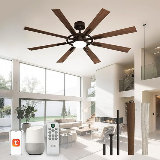 60 Inch Smart Ceiling Fan, Walnut Indoor/Outdoor Ceiling Fans with Lights and Remote, Compatible with Alexa/Google/App, 3CCT Dimmable 6 Speeds Timing for Living Room Bedroom Patio