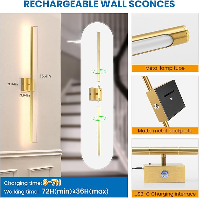 NIORSUN 35 Inch Battery Operated Wall Sconce Set of 2, 360° Rotation Gold Rechargeable Wall Lights with Detachable Tube and Remote, 3CCT Dimmable Wireless Wall Lamp for Living Room Bedroom Hallway