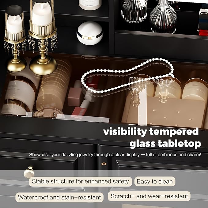 43" Makeup Vanity Desk with Mirror and Lights, & Power Outl, Glass Top Big Vanity Table with 9 Drawers& 8 Storage Shelves, Dressing Table Set with Chair for Bedroom, Black