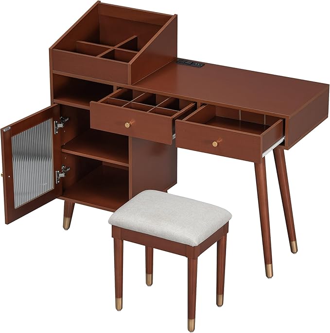 43.9" Modern Vanity Desk, Minimalist Makeup Vanity Table with Drawers, Cabinet & Chairging Port,Fabric Small Stool, Space-Saving Dressing Table Set for Bedroom Apartment Home Small Space