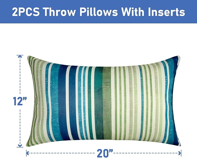 Pack of 2 12x20 Outdoor Pillows, Waterproof Throw Pillows with Inserts, Decorative Lumbar Pillows for Patio, Garden, Couch, Furniture, Sofa, Bed, Living Room(Stripe Blue Green)