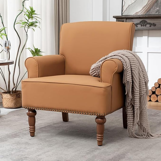 Accent Chair, Faux Leather Living Room Chairs with Nailhead Trim, Mid-Century Lounge Armchair with Solid Wood Legs, Comfy Reading Single Sofa for Bedroom, Waiting Room (Orange, 1 Chair)