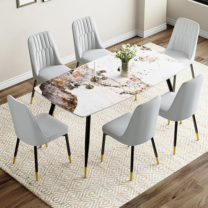 Dining Room Table Set for 6, Dinner Table Set for 6, Sintered Stone Kitchen Table Top and Modern Chairs Set of 6 for Kitchen Dining Room