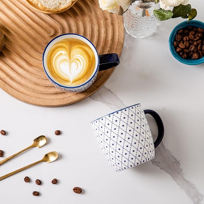 Ceramic Coffee Mugs Set - 10 OZ Large Porcelain Tea Cups with Handle for Milk Cappuccino Latte Cocoa Tea - Microwave Dishwasher Safe - Christmas Housewarming Gift -Set of 6 - Vintage Blue