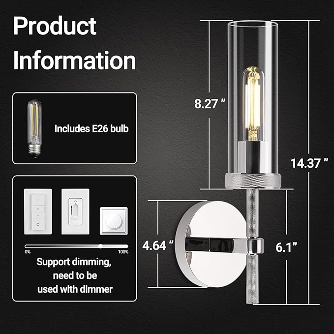 Knurled Wall Sconces Set of Two, Nickel Wall Sconce Lights, 14" Bathroom Wall Sconces, Glass Linear Sconce Wall Lighting, Vanity Lights Bathroom Light Fixture Wall Lights for Living Room, Hallway