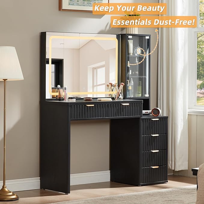 LEYAOYAO Black Vanity Desk with Mirror and Lights, 43.5'' Fluted Makeup Vanity with 6 Drawers and Adjustable Shelves, Glass Top Make Up Vanity, Girls Wood Dressing Table with Power Outlet for Bedroom