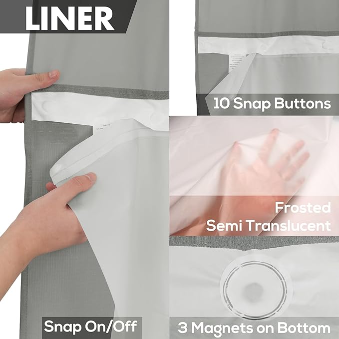 No Hook Slub Textured Shower Curtain with Waterproof PEVA Liner Set - 71" x 74"(72"), Hotel Style with See Through Top Window, Fabric Curtain & Waterproof Liner for Bathroom, Dark Gray, 71x74