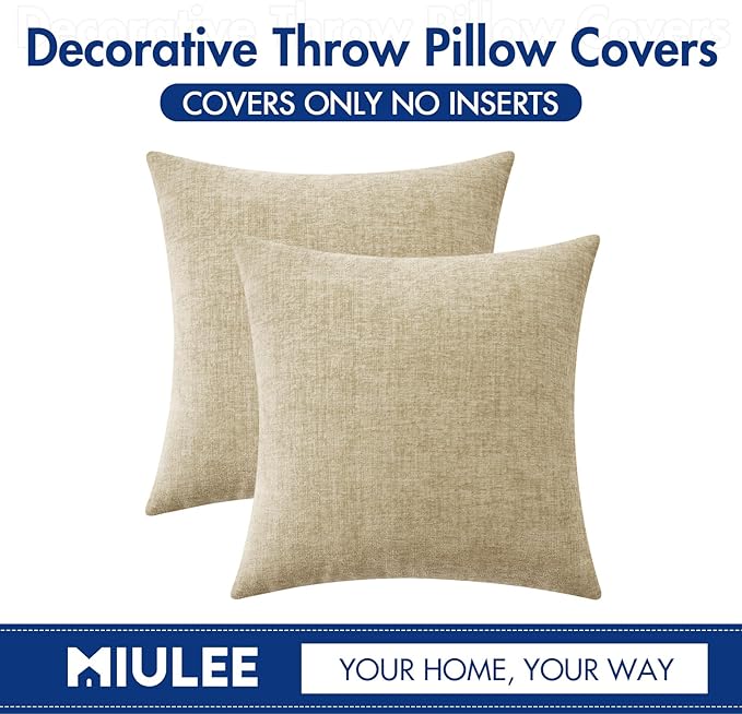 MIULEE Pack of 2 Beige Throw Pillow Covers 16x16 Inch Soft Chenille Pillow Covers for Sofa Living Room Couch Solid Dyed Cases