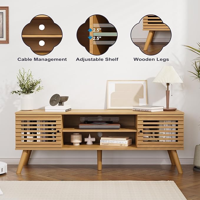 53" Mid Century Modern TV Stand for 50/55/60 inch TV, TV Media Console with Slatted Doors for TVs up to 60", Entertainment Center with Storage for Living Room, Bedroom, Oak