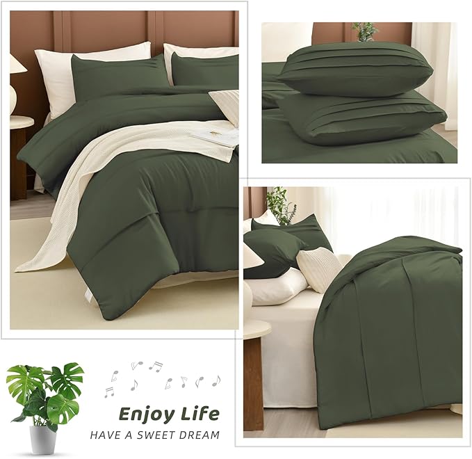 Sanracie Cotton Comforter Set Queen Size(90"x 95"),Olive Green Color Pinch Pleated Bed Comforter for All Season,3Pcs Soft Breathable Bedding Comforter Sets